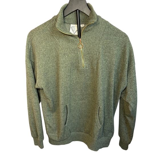 Janet Chung green quarter zip sweater. M Mock neck front pocket 3/4 sleeve. Soft - Picture 1 of 8